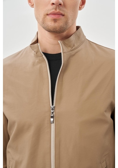 İmza Bej Suni Deri Hakim Yaka Düz Yırtmaçsız Tam Astar Slim Fit Casual Deri Mont 1038245152 Bej
