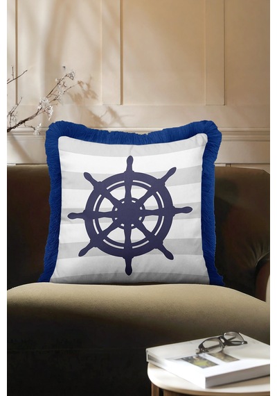 Nautical Marin Saçaklı Yastık Kılıfı - Denizci Stil Lacivert Beyaz Marin Püsküllü Kırlent Kılıfı Çok Renkli