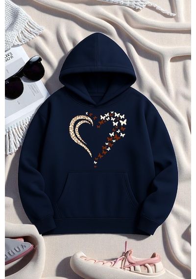 Uyguntarz Unisex Leopar Kalp Desenli Baskılı Oversize Sweatshirt Lacivert