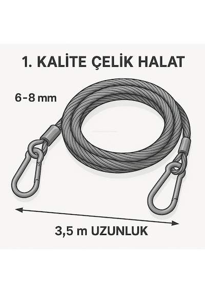 Çelik Çekme Halatı, 3,5 Metre, 6 8 Mm Kalınlık, İzoleli, Dayanıklı Araç Kurtarma Halatı, Oto Yü