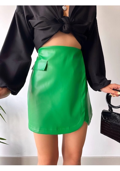 Defymoda Cep Detaylı Oval Kapaklı Deri Etek Yeşil H240048 Yeşil
