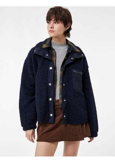 Koton Dik Yaka Fermuar Cep Detaylı Çıtçıt Düğmeli Oversize Peluş Ceket Lacivert 6wal10088ık