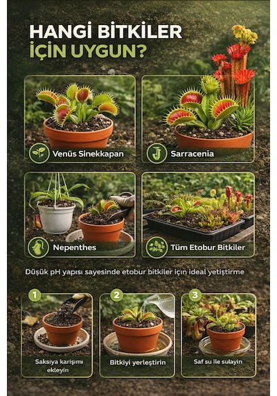 Etobur Bitki Toprağı 5 Litre Düşük Ph Torf Perlit Karışımı Gübre İçermez, Profesyonel Substrat