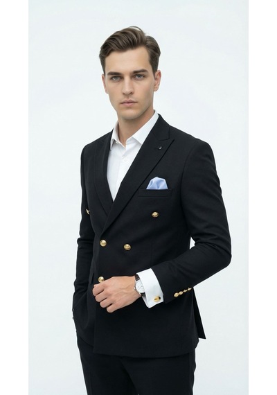 Plus Scorpion Erkek Kruvaze Blazer Ceket Slim Fit Premium Dokulu Şık Klasik Ceket Siyah