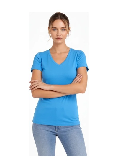 Etiler Collection T-shirt V Yaka Slim Fit Likralı Tişört Günlük Basic Body - Açık Mavi