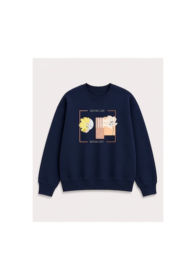 Herkesemoda Better Life Baskı Detaylı Bisiklet Yaka Şardonlu 2 İplik Sweatshirt Lacivert