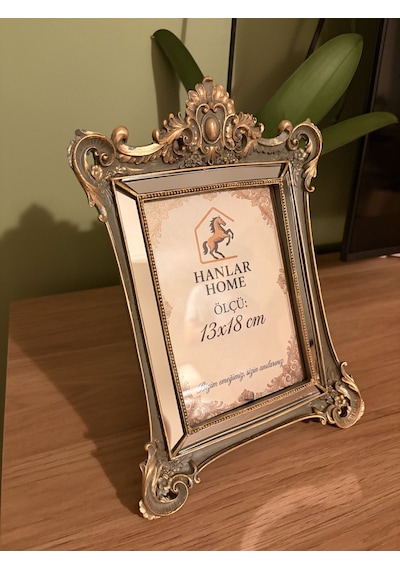 Taçlı Barok Aynalı Fotoğraf Çerçevesi Haki & Eskitme Altın 13x18 Cm