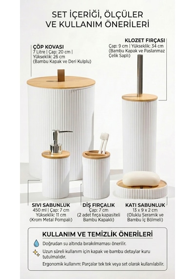 Makri Home 5 Parça Yuvarlak Banyo Seti, Bambu Kapaklı, Beyaz, Hacim: 7 Litre Beyaz