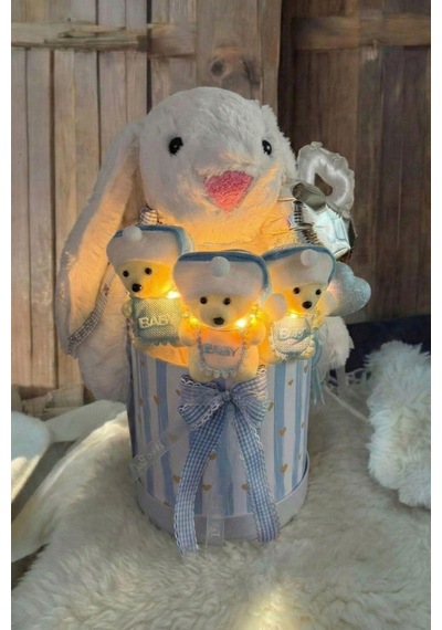 Led Işıklı Özel Kutuda Uyku Arkadaşı Bunny Peluş Tavşan İle Yeni Doğan Hediye Seti- Babyshower ,yenidoğan Hediyesi Beyaz