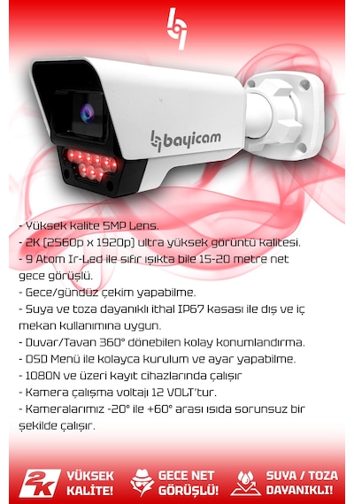 Bayicam 8 Kameralı Süper 8 Dış Kamera Set 250 GB 5 MP 2K Net Gece Görüşlü Güvenlik Kamerası Sistemi