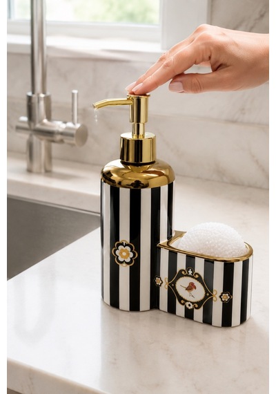 Kuş Motifli Gold Detaylı Çizgili Porselen Sıvı Sabunluk + Bulaşık Süngeri + Süngerlik Seti 500 Ml 20 X 15 X 7 Cm Beyaz - Siyah