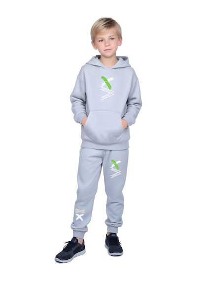 Fyk Kids Kapüşonlu Kanguru Cepli White Yazı Baskılı Erkek Çocuk Eşofman Takımı Gri