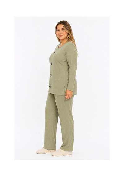 Sleeproom Büyük Beden Kadın Kaşkorse Mevsimlik Haki Pijama Takımı