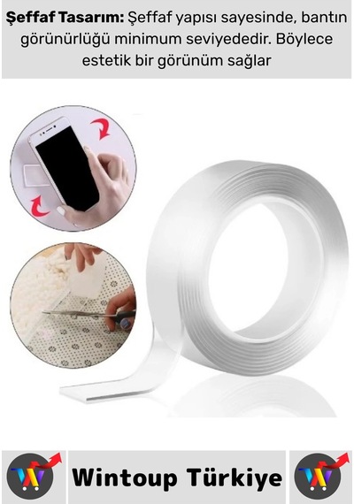 Ultra Güçlü Esnek Kesilebilir Kolay Kullanım Estetik Çift Taraflı Nano Şeffaf Bant 3 Cmx2 Metre 3 Ad