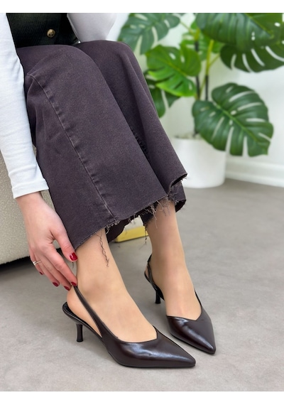 Ervanın Butiği Kahve Parlak Deri Jaren Lastik Detay Kadın Stiletto-6088 Kahve Cilt