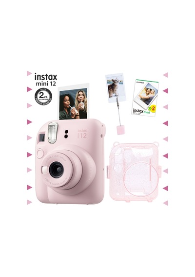 Fujifilm Instax Mini 12 Fotoğraf Makinesi + 20'li Film + Kıskaçlı Resim Standı + Simli Pleksi Kılıf Seti Pembe
