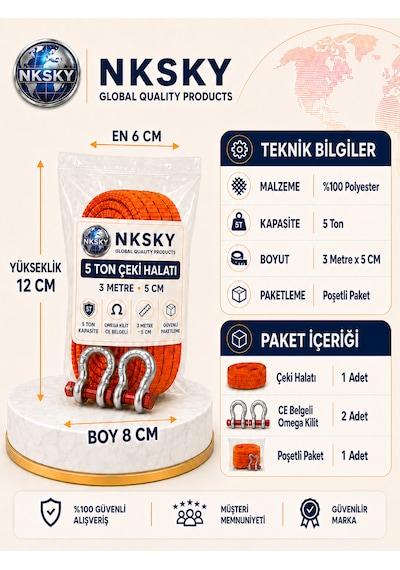 Nksky Ce Belgeli 5 Ton Araç Çekme Halatı 3 Metre 5 Cm Genişlik Omega Kilitli Oto Çeki Halatı Turuncu