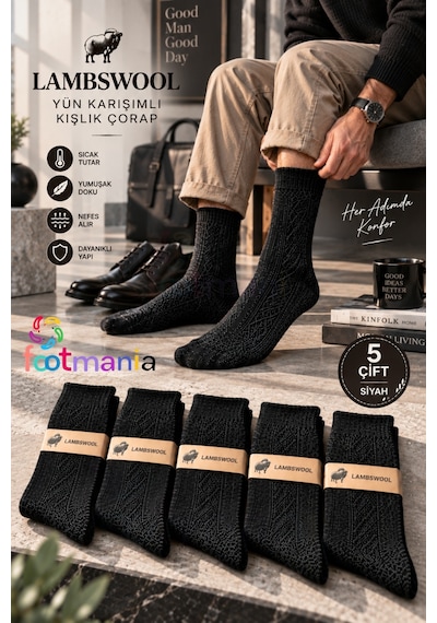 Footmania Erkek Siyah Kışlık Lambswool Çorap 5 Çift