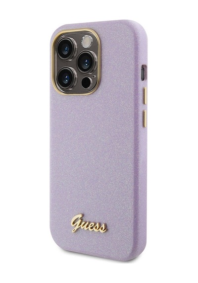 Apple Uyumlu iPhone 15 Pro Max Kılıf Guess Lisanslı Yazı Logolu Glitter Glossy Script Kapak Lila