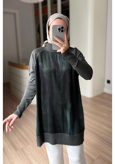 Kahijab Yan Fermuarlı Desenli Boğazlı Merserize Tunik - Haki