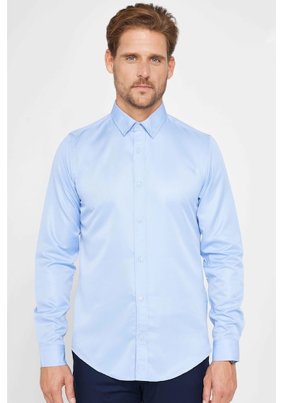 Tudors Slim Fit Uzun Kollu Kolay Ütü Teri Emen Nefes Alan Doku Kravatlık Dört Mevsim Mavi Erkek Gömlek-24892 Mavi