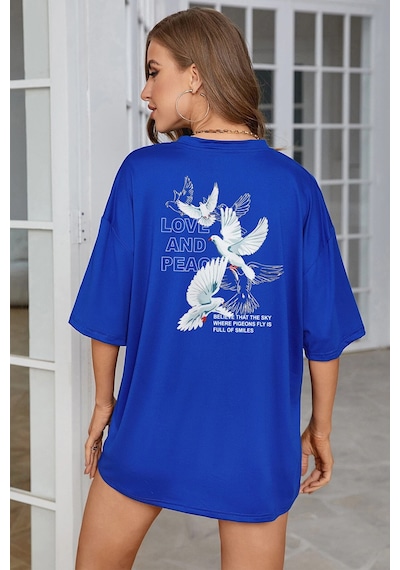 Love And Peace Baskılı Unisex Oversize Tshirt Mavi