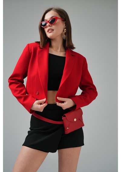 Kırmızı Kruvaze Crop Blazer Ceket Kırmızı