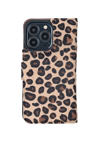 Apple Uyumlu iPhone 13 Pro Deri Cüzdanlı Kılıf Leopar Desen