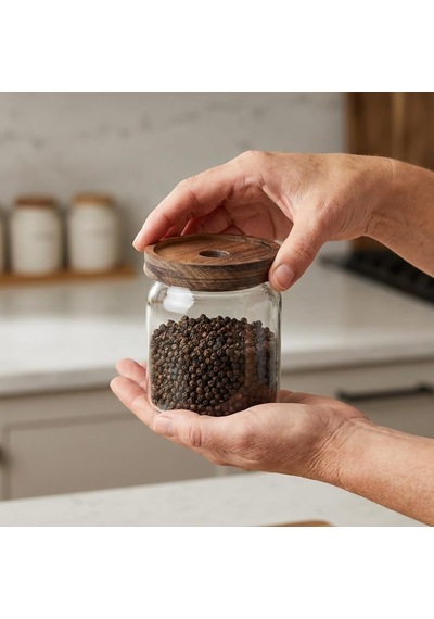 Akasya Kapaklı Yuvarlak Borosilikat Cam Kavanoz 450 Ml, 9 10 Cm, Orta Delikli Ahşap Kapak, Şeffaf Baharat Kahve Çay Şeker Kuruyemiş Ve Kuru Gıda Saklama Kabı, 1 Adet Çok Renkli