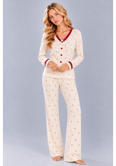 Pijamask Kadın Çiçek Ve Kelebek Desenli V Yaka Düğmeli Uzun Kollu Kaşkorse Pijama Takımı Ekru Pijamask Kadın Çiçek Ve Kelebek Desenli V Yaka Düğmeli Uzun Kollu Kaşkorse Pijama Takımı Ekru