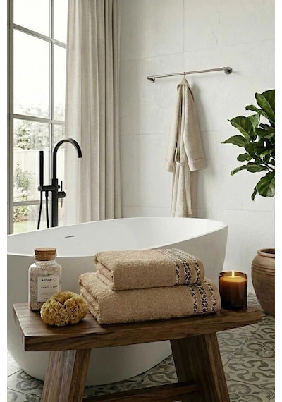 2 Parça Banyo Havlu Seti %100 Pamuk 70x140+50x90 Cm Savana Kum Beji Çok Renkli