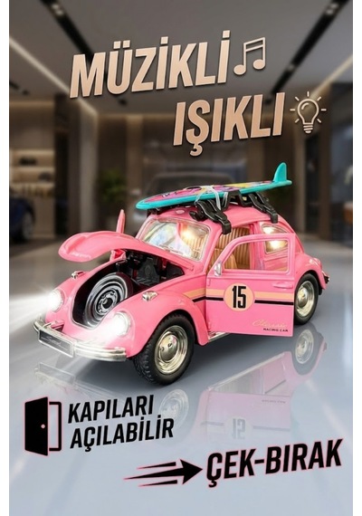 Craftivio Büyük Boy Metal Çek Bırak Vosvos Oyuncak Araba - Sesli Işıklı Kapıları Açılan Nostaljik Model Çok Renkli
