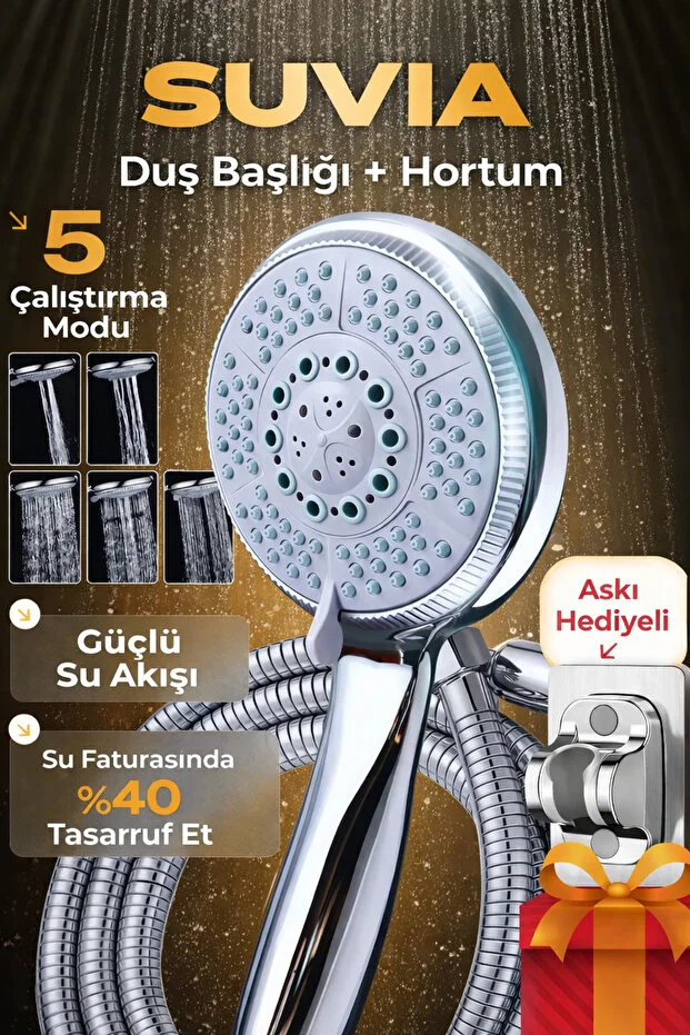 Duş Başlığı Seti 5 Fonksiyonlu Çelik Hortumlu Yüksek Basınçlı Parlak Krom