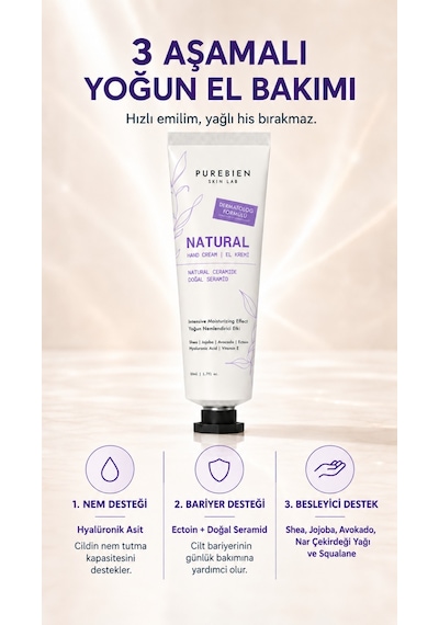Purebien Skin Lab Natural El Kremi Seramid, Ectoin Ve Hyalüronik Asit İçeren Yoğun Nem Bakımı 50 Ml Diğer 02785743