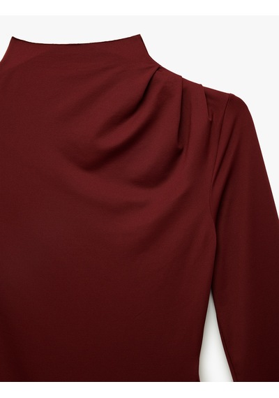 Koton Slim Fit Uzun Kollu Dik Yaka Drape Detaylı Bodysuit Bordo 6sak80065ek