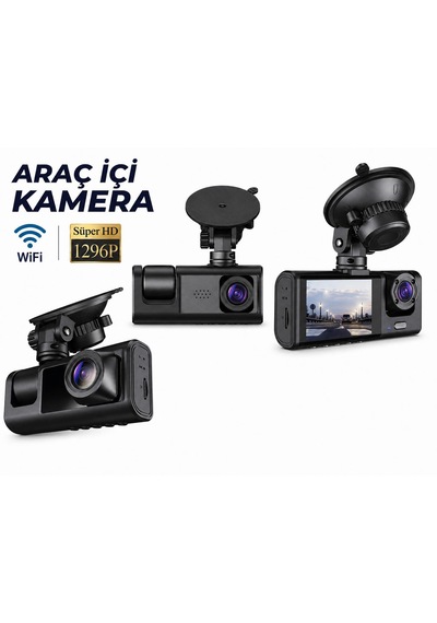 Araç İçi Kamera 1296p 3 Lens Cama Yapışan Model Ekranlı Geri Görüş Kamerası Video Kayıt 170 Derece Geniş Açı G-sensör Döngüsel Kayıt Hafıza Kart Takılabilir Gece Görüş