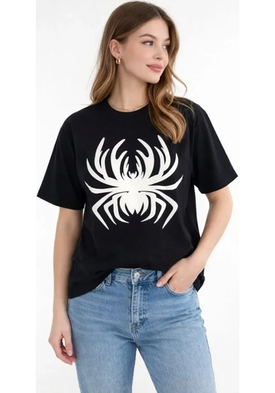 Drgy Giyim Örümcek Baskılı Tişört Kısa Kollu Bisiklet Yaka T-shirt - Siyah