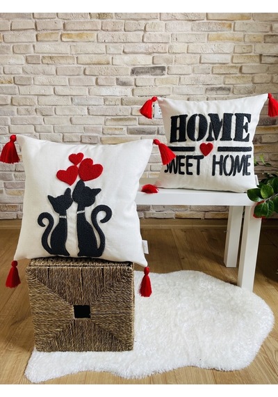 Swita Home Punch İşlemeli 2'li Dekoratif Özel Tasarım Kırlent Kılıfı Panç Antrasit - Beyaz