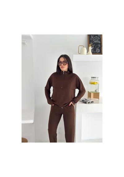 Gugus Kadın Yarım Fermuarlı Model Beli Lastikli Dar Paça Eşofman Takımı Kahverengi