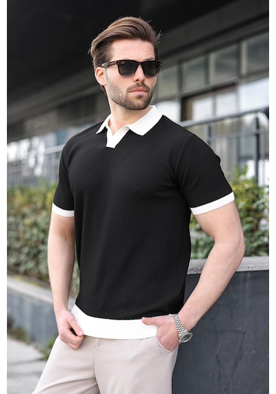 Madmext Siyah Polo Yaka Triko Erkek Tişört E7464 Siyah