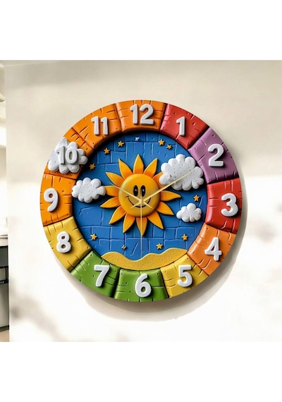 AA Shop Renkli Baskı Güneş Çocuk Desenli Sayılı Hediyelik Ahşap Sessiz Duvar Saati 50cm ÇOk Renkli