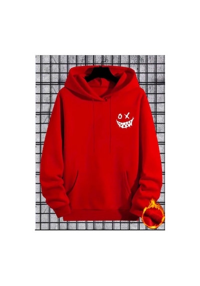 Medinenur Gülümseyen Yüz Baskılı Kapüşonlu Sweatshirt Kırmızı