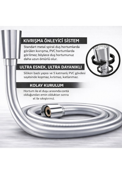 Pvc Duş Hortumu 150cm - Paslanmaz Rakor - Dolaşmaz Ve Esnek Gümüş Tpe Diğer