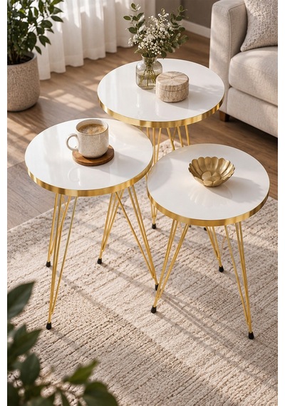 Sulorahome Gold Tel Zigon Sehpa Takımı Beyaz 3'lü Altın - Beyaz