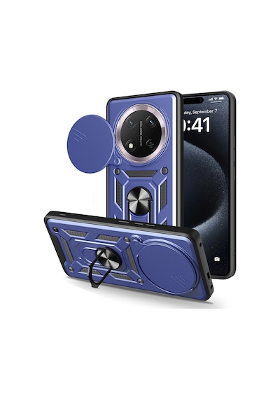 Honor Magic 7 Lite Kılıf Magnetik Standlı Kamera Korumalı Zore Sürgülü Vega Kapak Mavi
