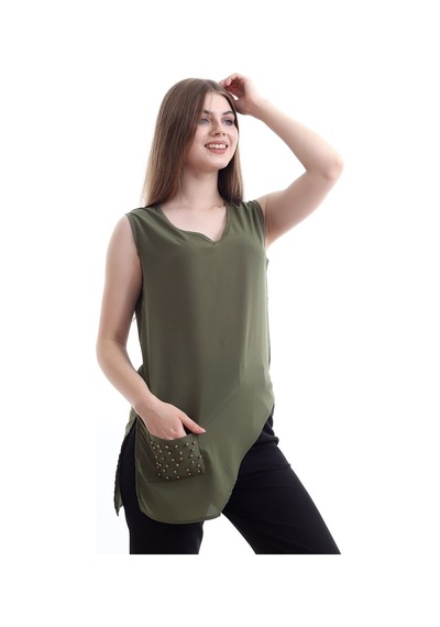 Self Clothing Kadın Yeşil V Yaka Cep Ve Yırtmaç Detaylı Bluz Slf1246-Yeşil