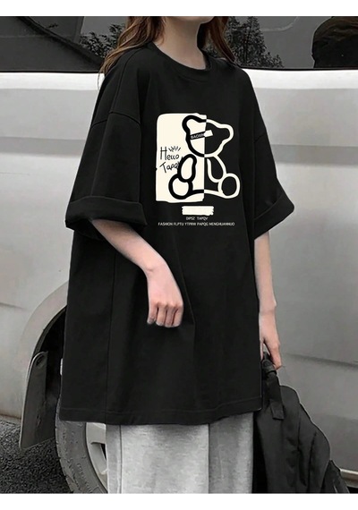 Startmore Adrift Karikatür Ve Grafik Tasarım Oversize T-shirt Cartoon/letter Serisi Kod368 Siyah
