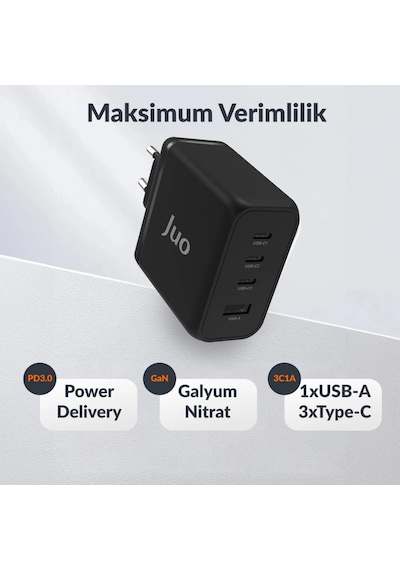 Juo 100W 4 Portlu USB-C + USB-A GaN Şarj Aleti iPhone & Apple Uyumlu MacBook & Notebook PD Type-C Hızlı Şarj Cihazı Siyah