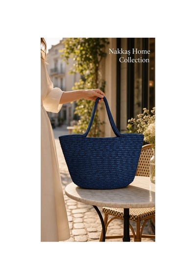Nakkaş Home Collection Jüt Çanta Kadın Hasır Çanta, Plaj Çantası, Omuz Ve Günlük Kullanım Çantası-lacivert-45x30 Cm