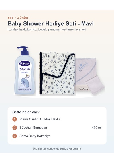 Baby Shower Hediye Seti 3 Parça: Pierre Cardin Kundak Havlu + Şampuan + Sema Baby Battaniye - Mavi